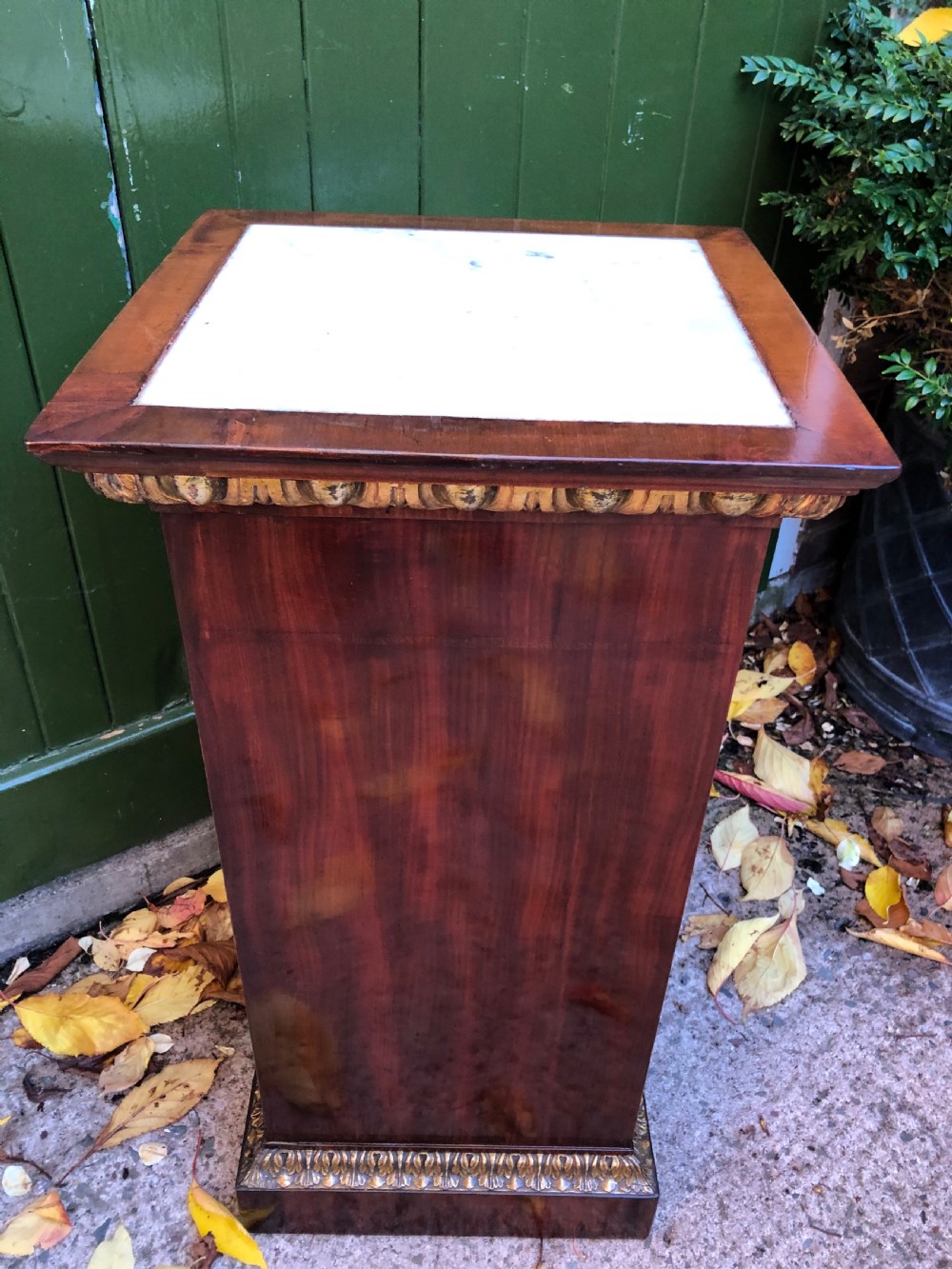 Early C19th Italian mahogany and carved parcel-gilt marble-topped pedestal bedside  cupboard. View X