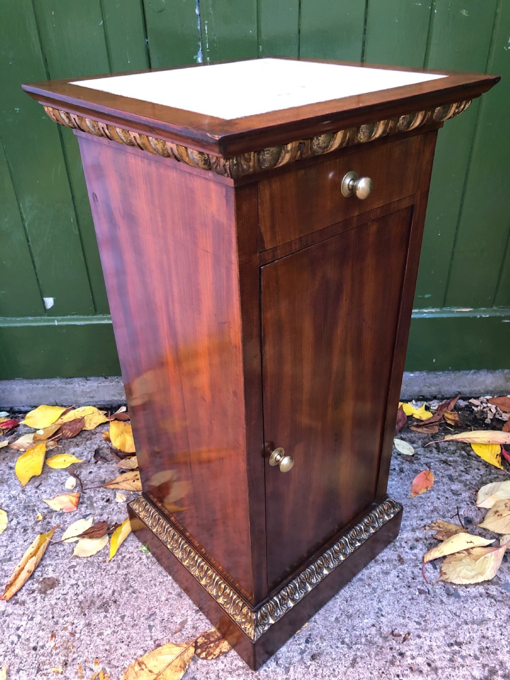 Early C19th Italian mahogany and carved parcel-gilt marble-topped pedestal bedside  cupboard. View XIV