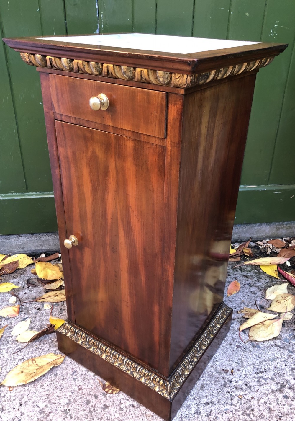 Early C19th Italian mahogany and carved parcel-gilt marble-topped pedestal bedside  cupboard. View XV