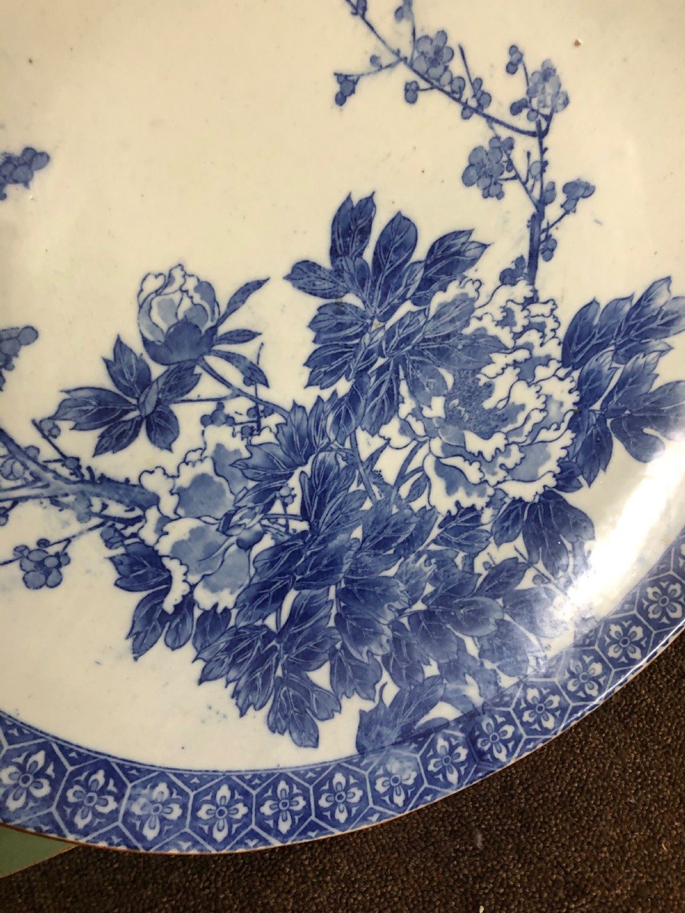 Late C19th Japanese Meiji period Arita porcelain charger with blue and white floral decoration. View III