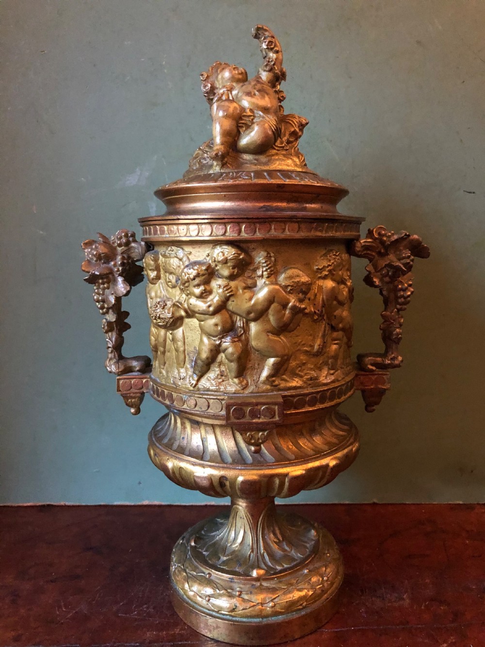 Late C19th French Napoleon III period ormolu bronze ‘Bacchus’ urn or wine-cooler in the style of Clodion. View II