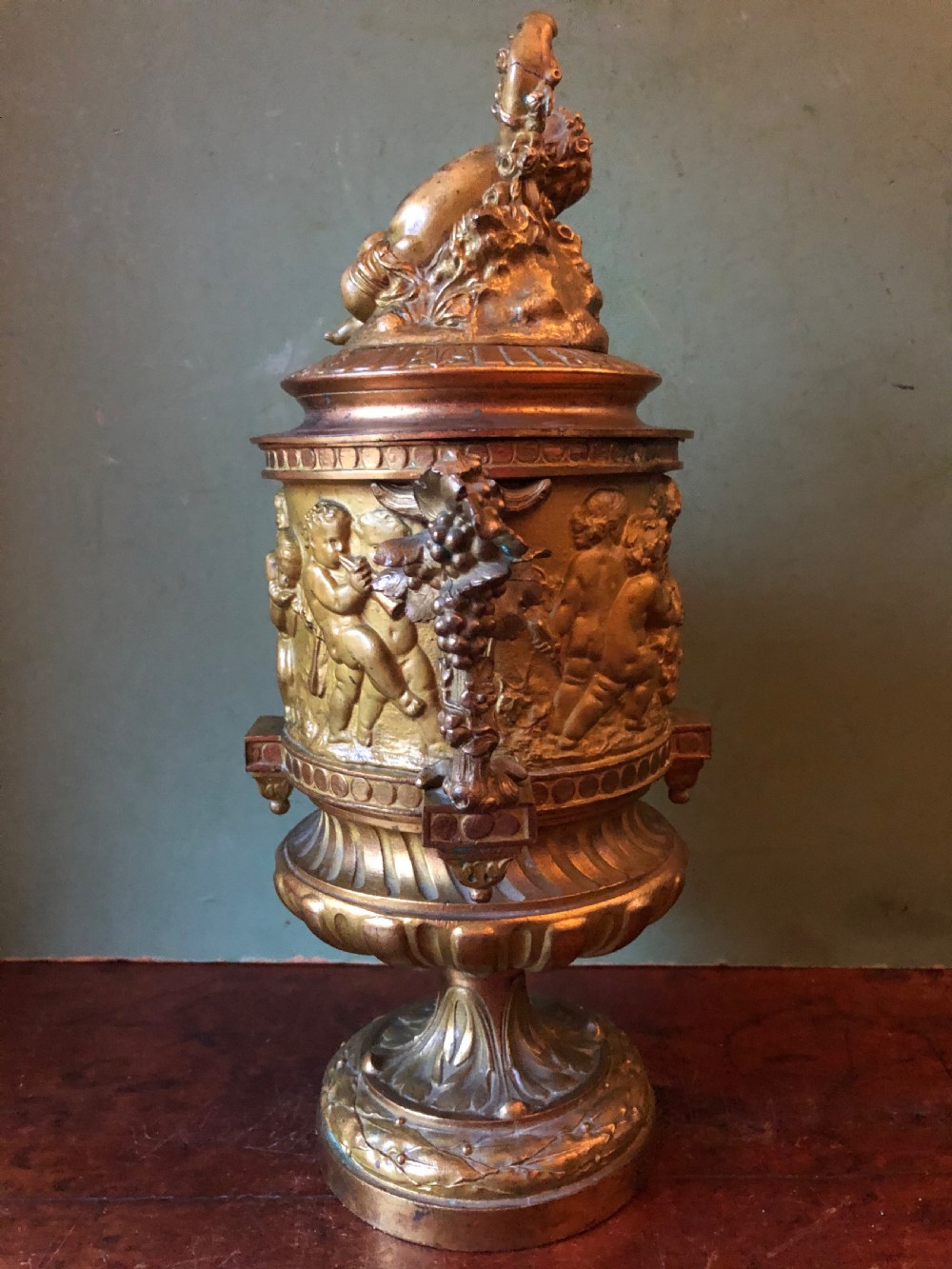 Late C19th French Napoleon III period ormolu bronze ‘Bacchus’ urn or wine-cooler in the style of Clodion. View III