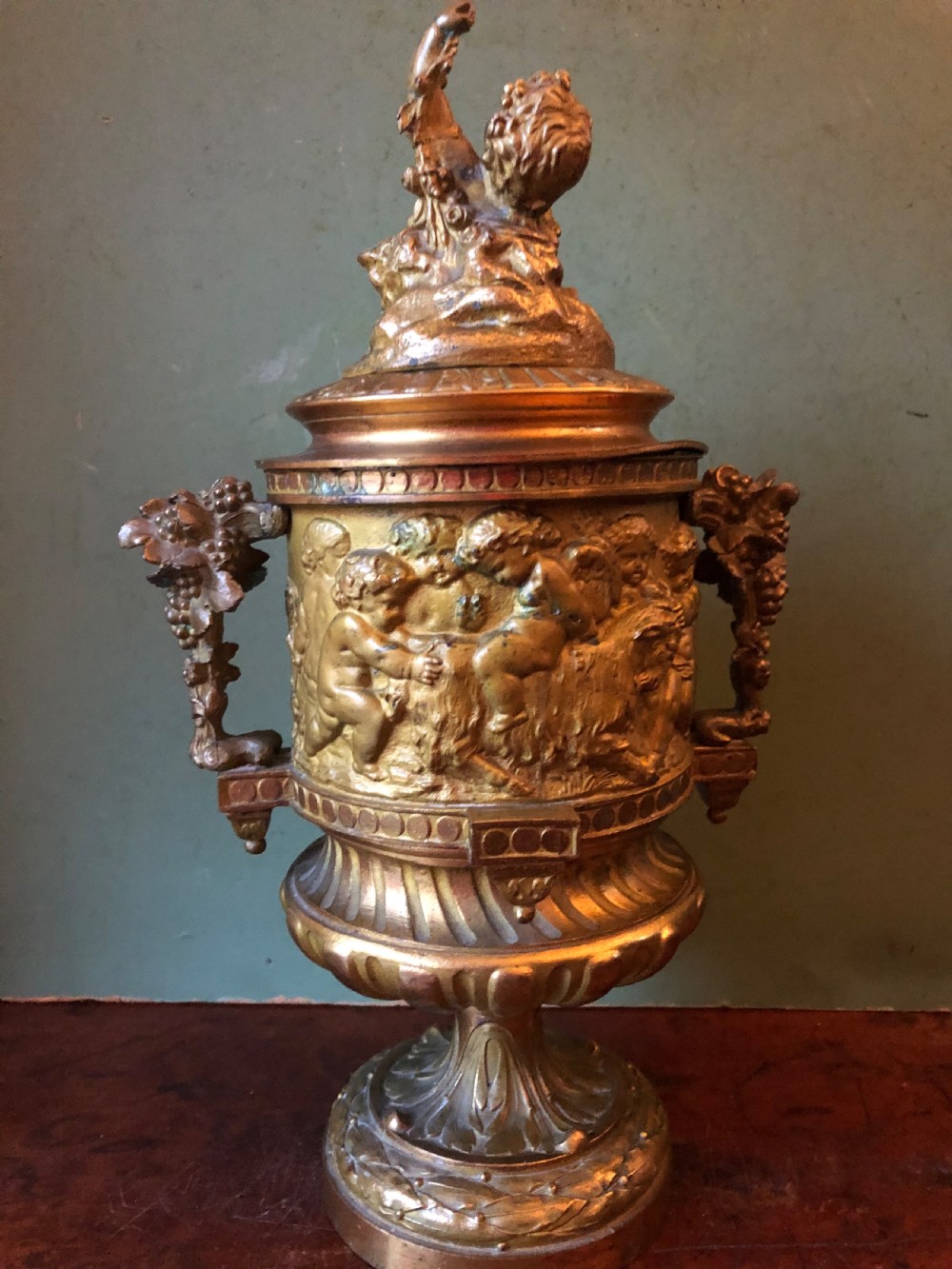 Late C19th French Napoleon III period ormolu bronze ‘Bacchus’ urn or wine-cooler in the style of Clodion. View IV