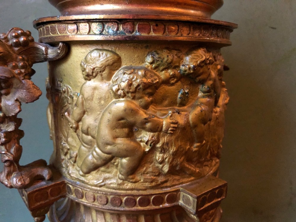 Late C19th French Napoleon III period ormolu bronze ‘Bacchus’ urn or wine-cooler in the style of Clodion. View V