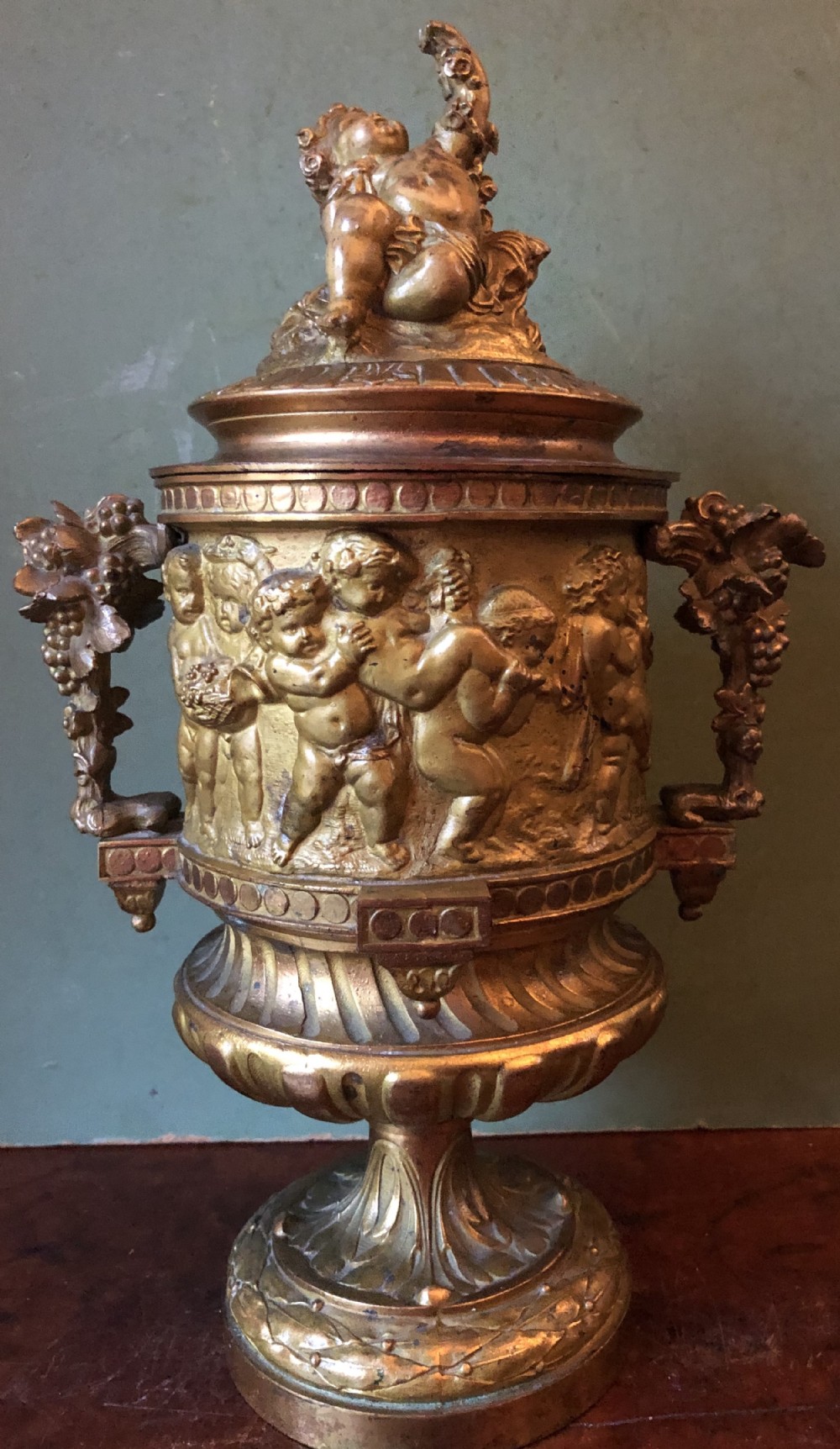 Late C19th French Napoleon III period ormolu bronze ‘Bacchus’ urn or wine-cooler in the style of Clodion.