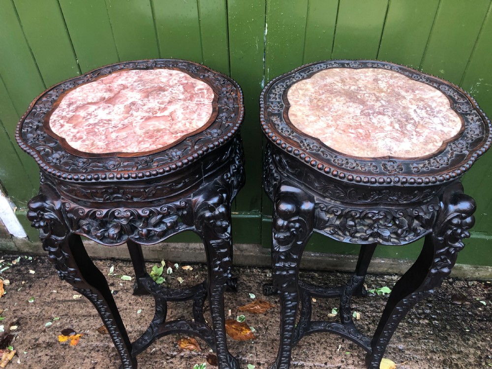 Large-scale matched pair of late C19th Chinese Qing Dynasty carved hardwood urn stands . View XIII