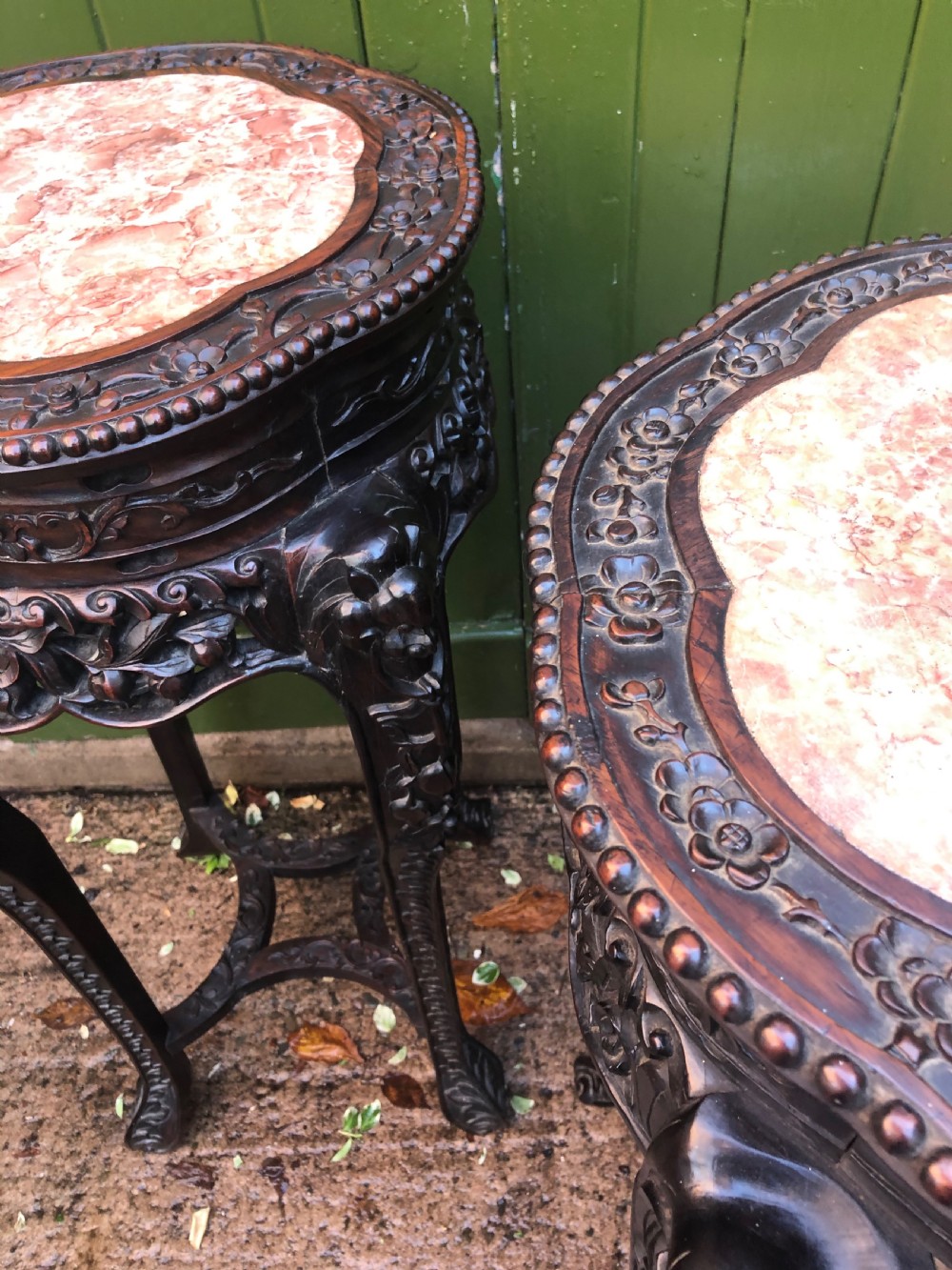 Large-scale matched pair of late C19th Chinese Qing Dynasty carved hardwood urn stands . View XVIII