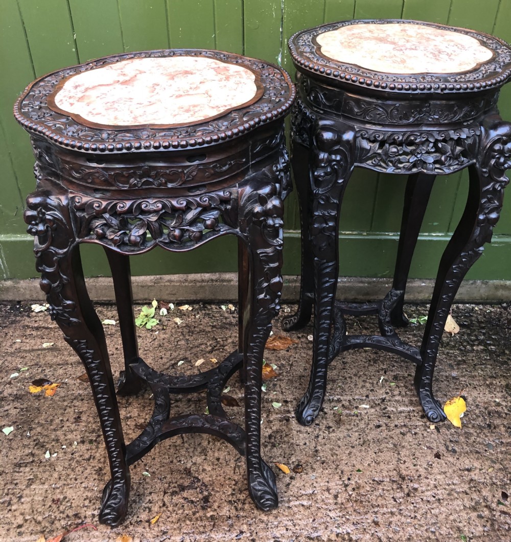 Large-scale matched pair of late C19th Chinese Qing Dynasty carved hardwood urn stands . View XV
