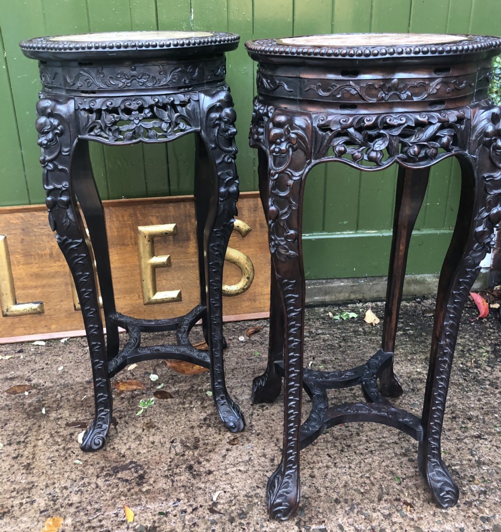 Large-scale matched pair of late C19th Chinese Qing Dynasty carved hardwood urn stands . View XXII