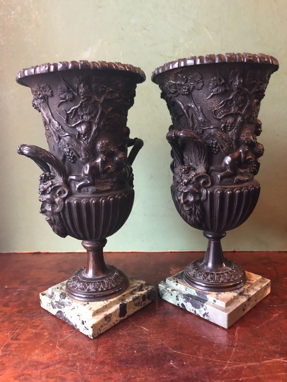 Pair of mid C19th Italian classical design bronze vases decorated with Bacchanalian scenes . View IV