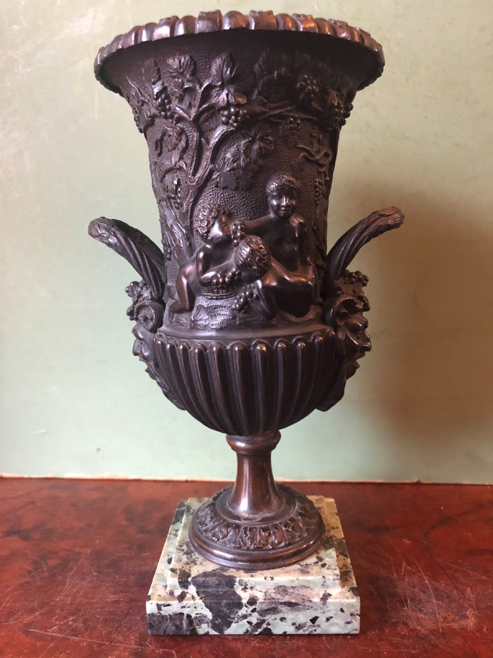 Pair of mid C19th Italian classical design bronze vases decorated with Bacchanalian scenes . View V