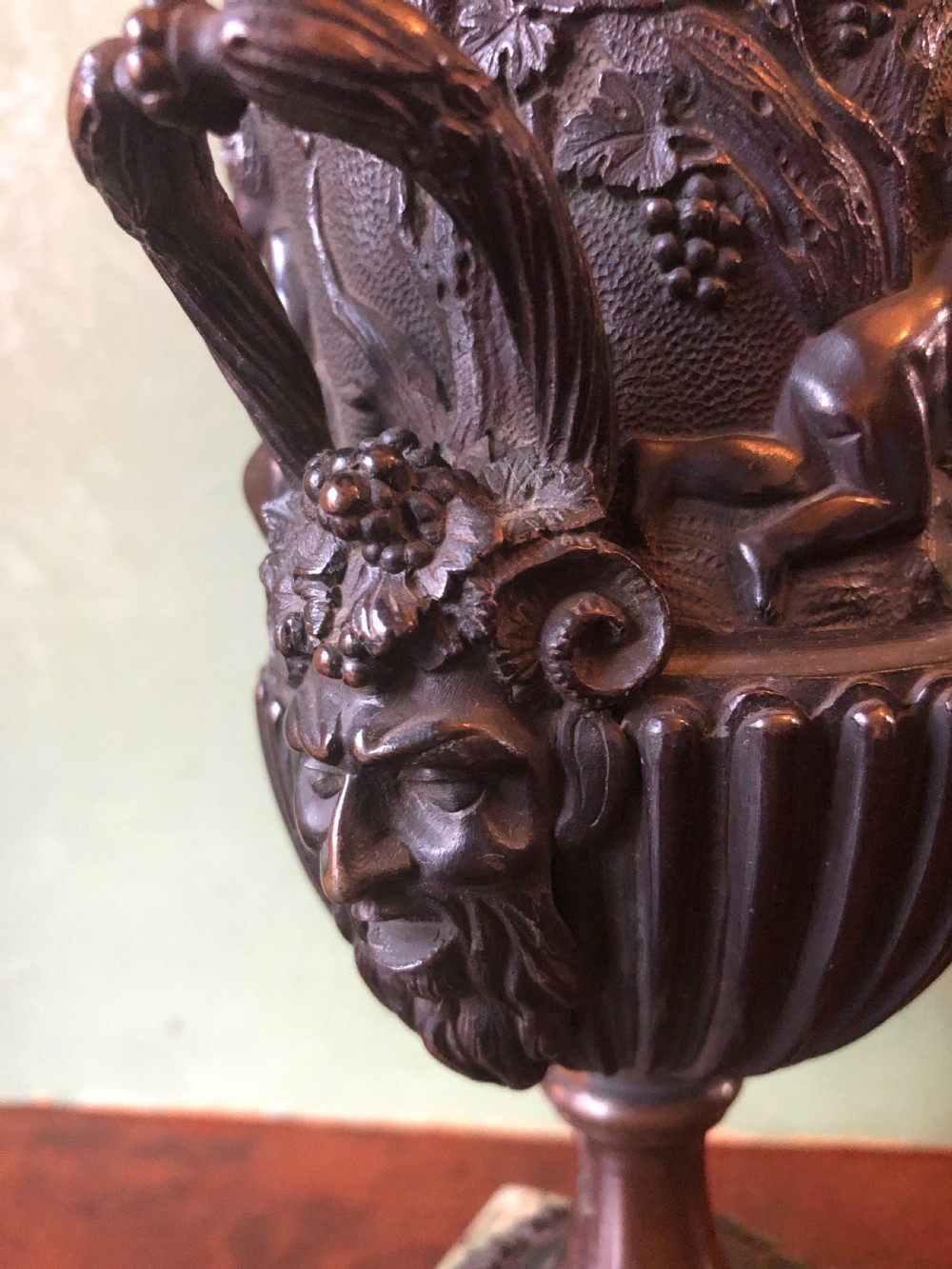 Pair of mid C19th Italian classical design bronze vases decorated with Bacchanalian scenes . View VI