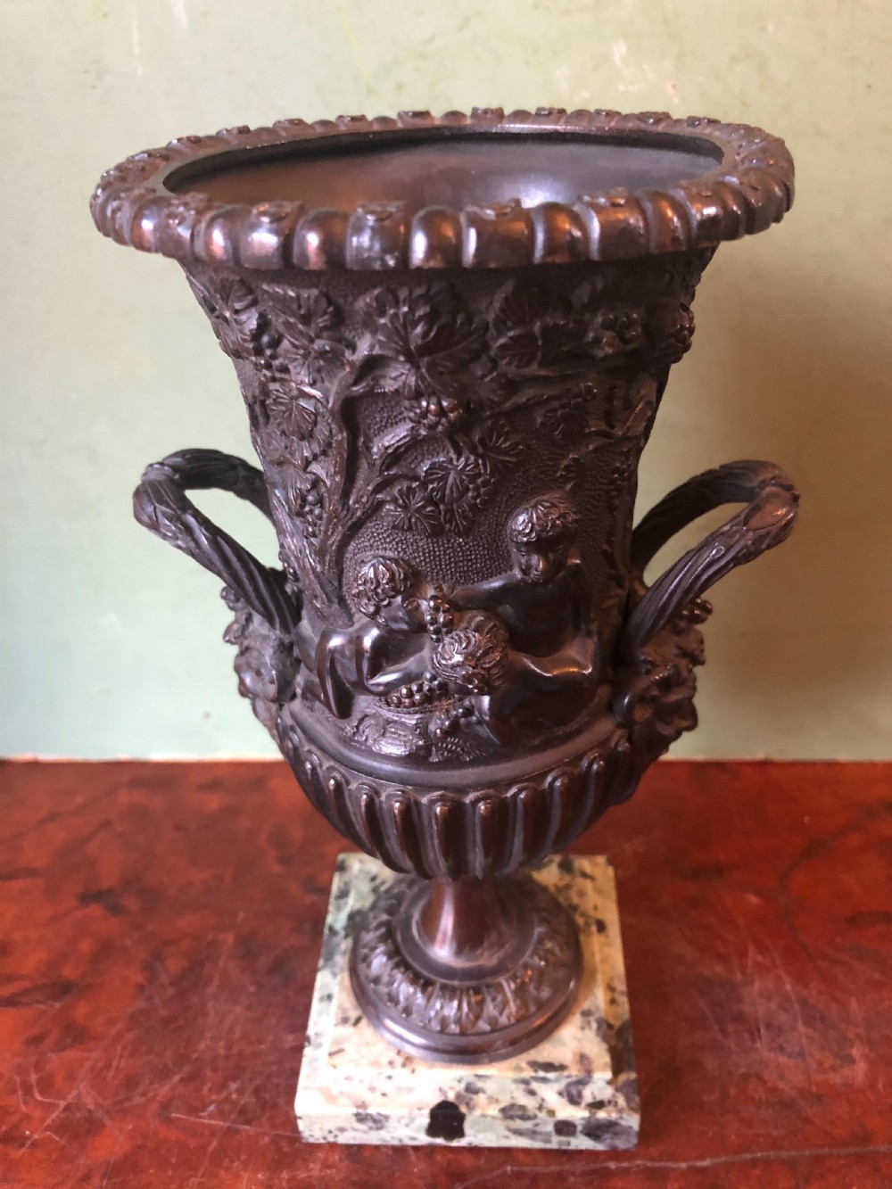 Pair of mid C19th Italian classical design bronze vases decorated with Bacchanalian scenes . View VII