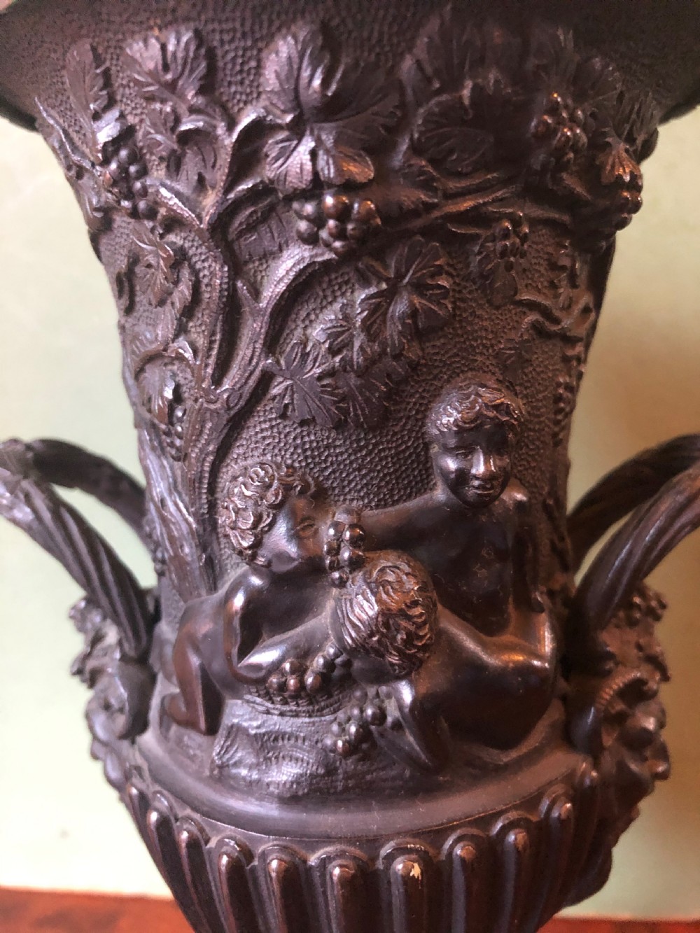 Pair of mid C19th Italian classical design bronze vases decorated with Bacchanalian scenes . View VIII