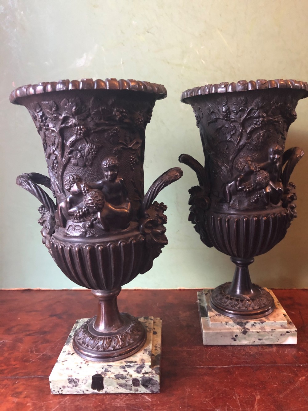 Pair of mid C19th Italian classical design bronze vases decorated with Bacchanalian scenes . View IX