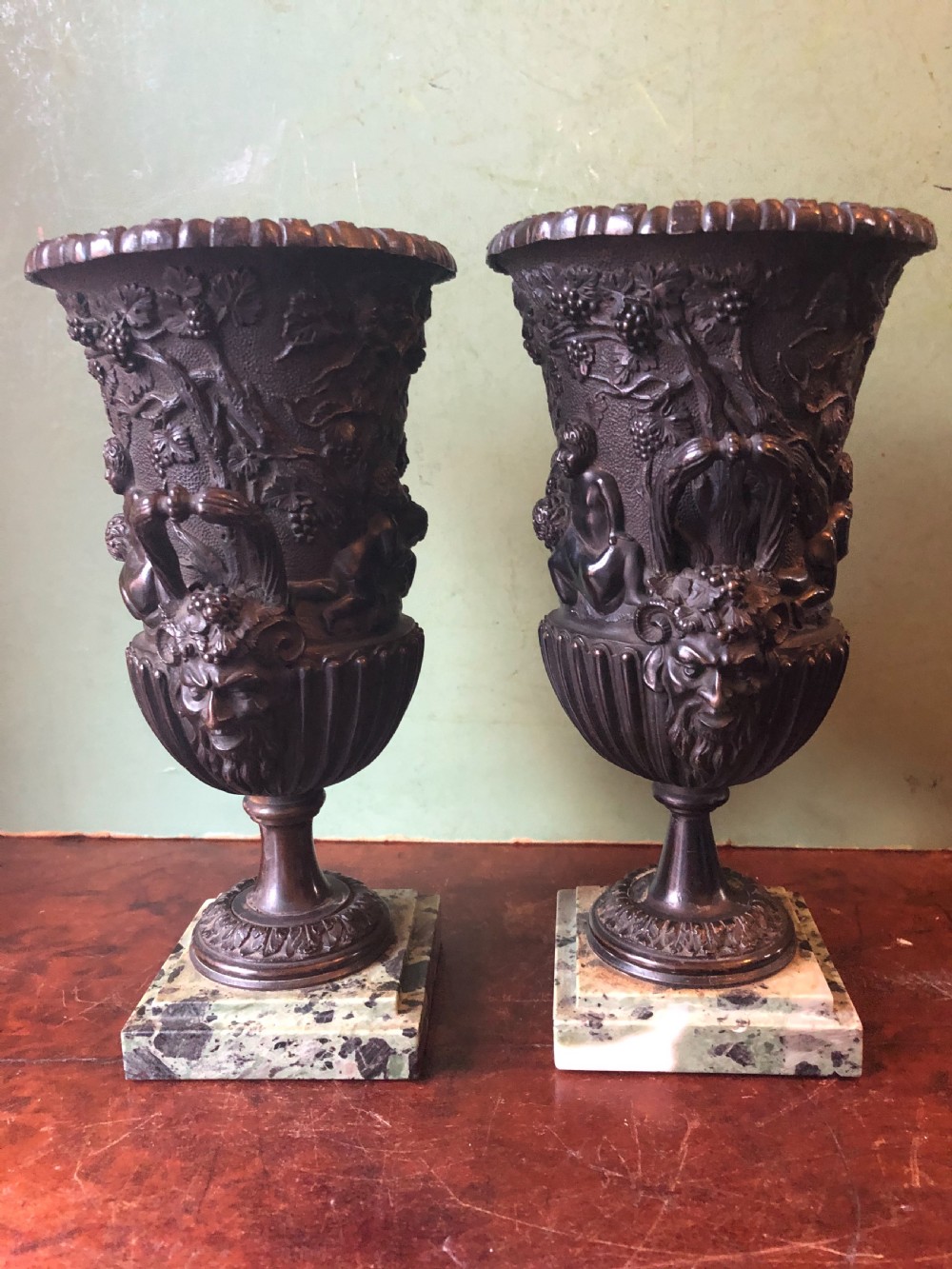 Pair of mid C19th Italian classical design bronze vases decorated with Bacchanalian scenes . View X
