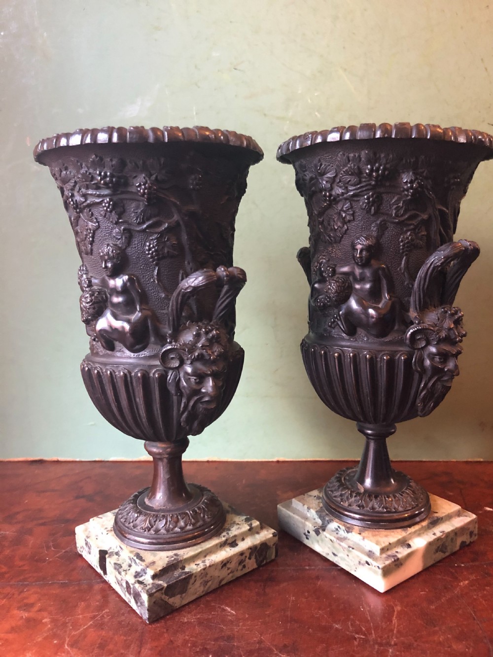 Pair of mid C19th Italian classical design bronze vases decorated with Bacchanalian scenes . View XI