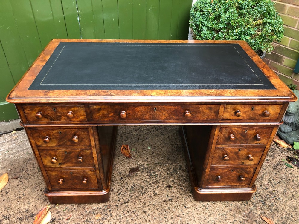 Mid C19th Victorian period burr walnut pedestal writing desk . View II