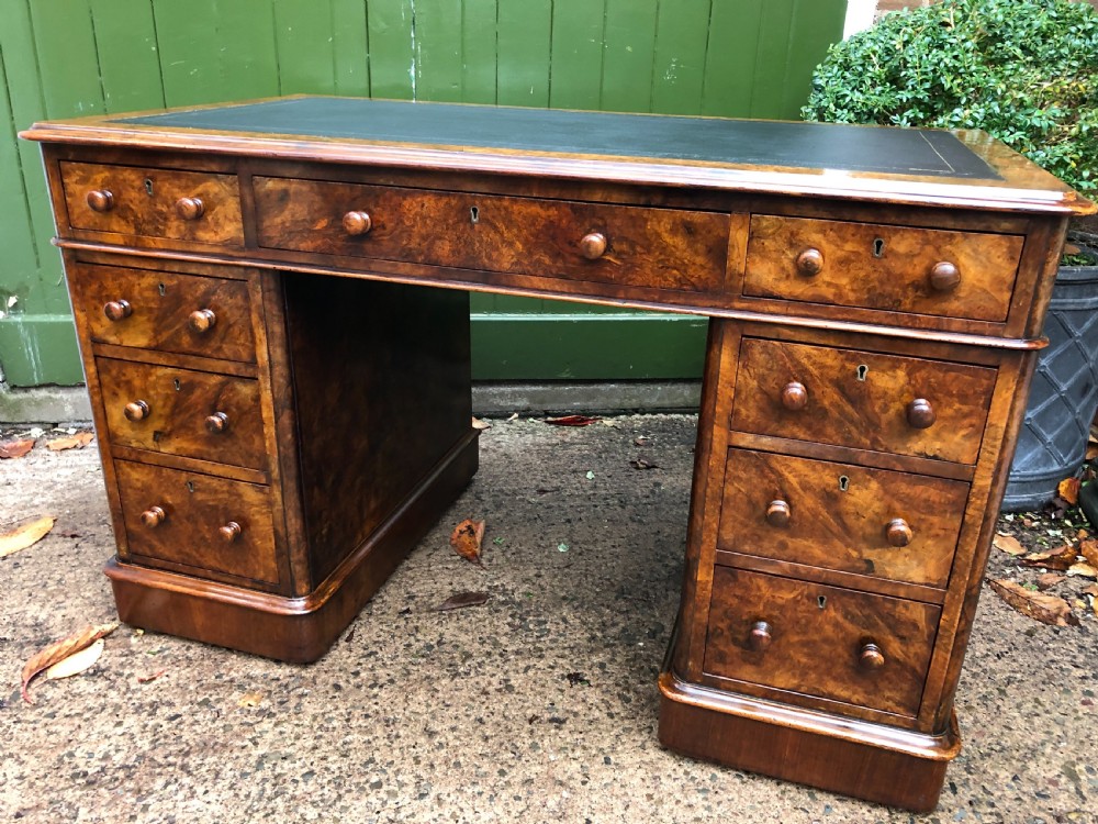 Mid C19th Victorian period burr walnut pedestal writing desk . View III