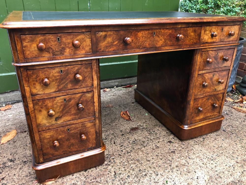 Mid C19th Victorian period burr walnut pedestal writing desk . View IV