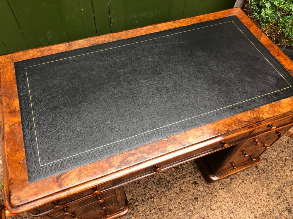 Mid C19th Victorian period burr walnut pedestal writing desk . View V