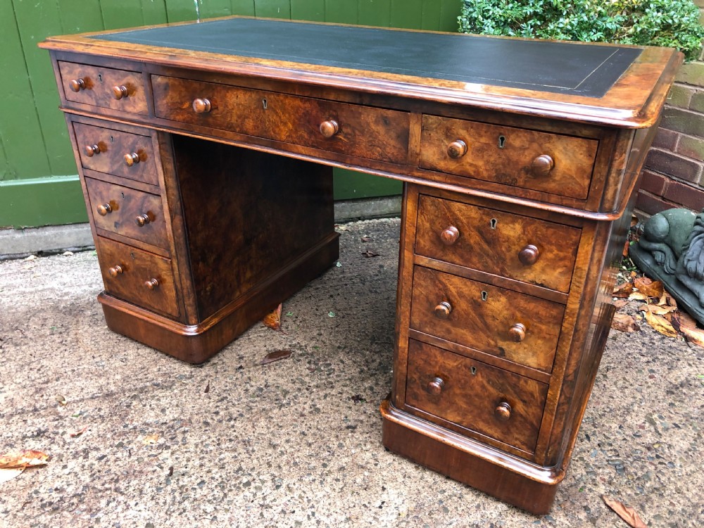 Mid C19th Victorian period burr walnut pedestal writing desk . View VI