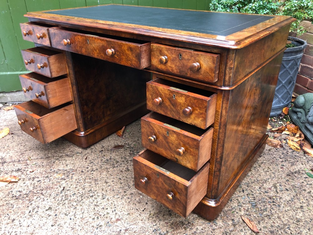 Mid C19th Victorian period burr walnut pedestal writing desk . View VII