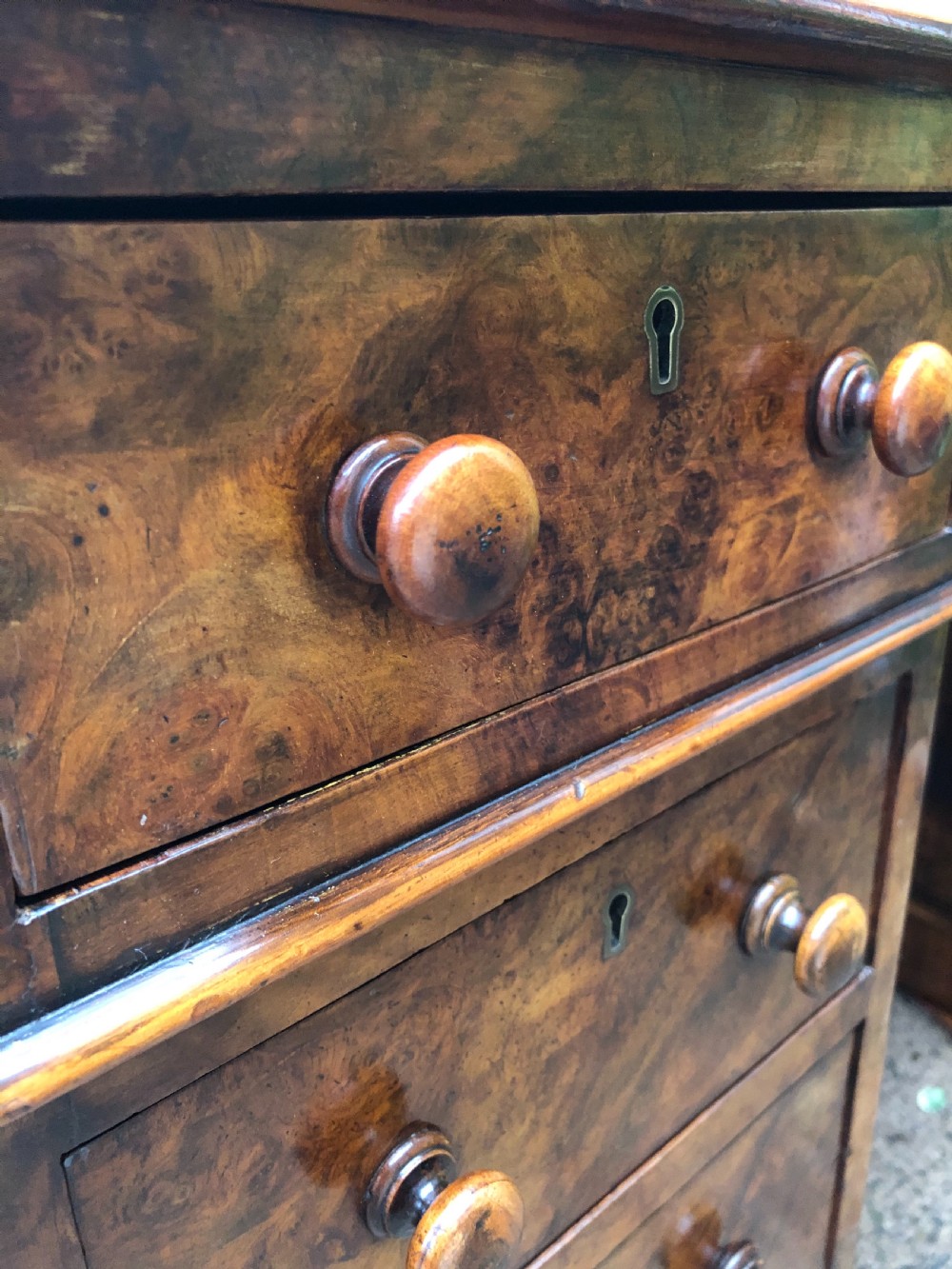 Mid C19th Victorian period burr walnut pedestal writing desk . View XIX