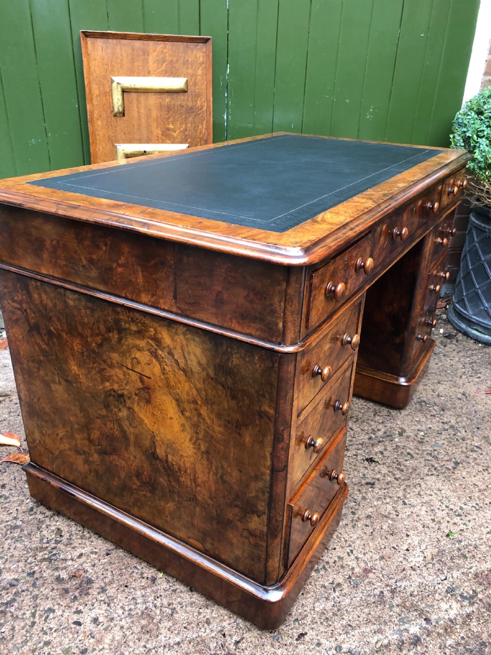 Mid C19th Victorian period burr walnut pedestal writing desk . View XXI