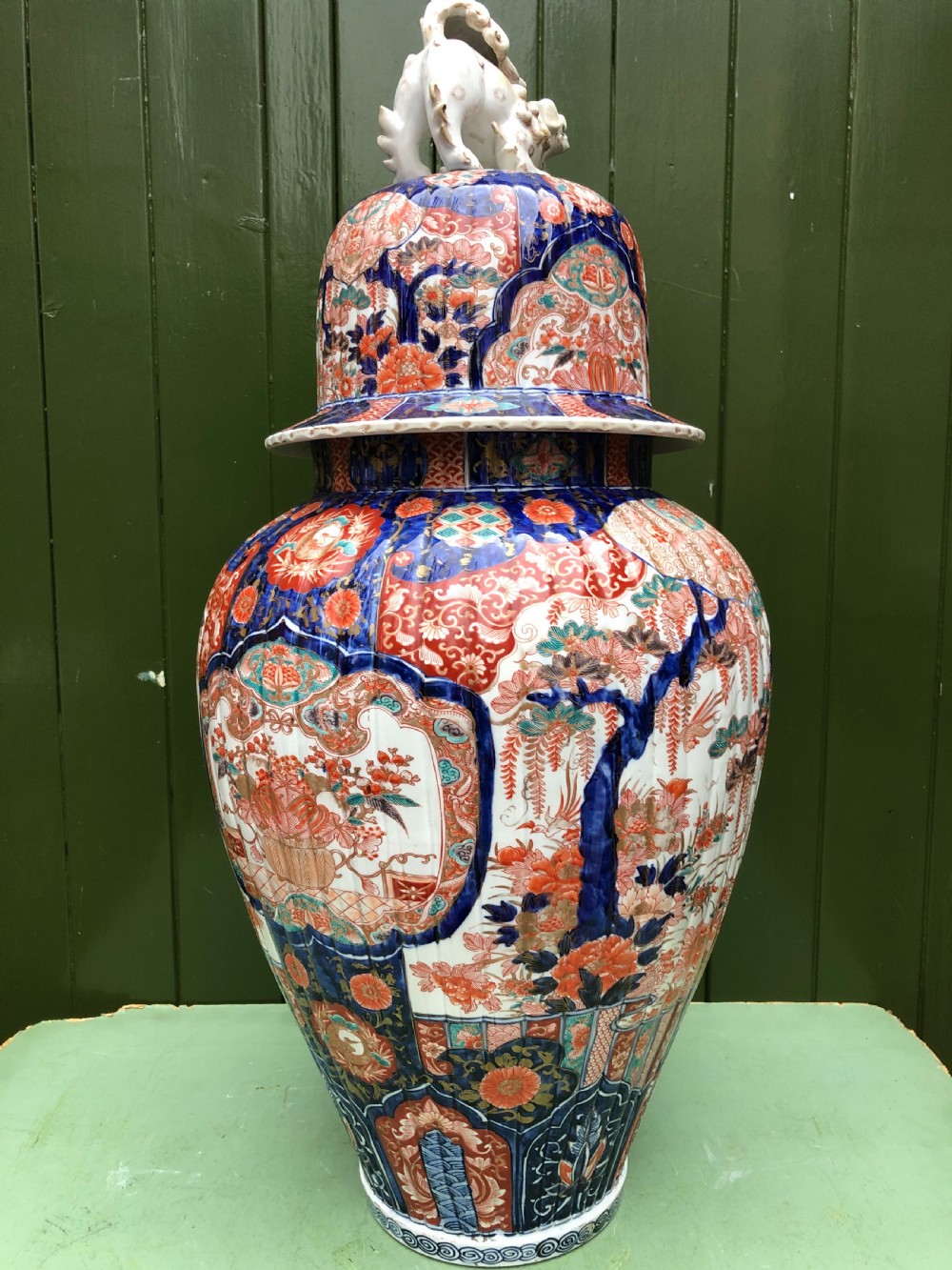 Imposing large-scale mid C19th Japanese porcelain vase and cover in the Imari palette . View V