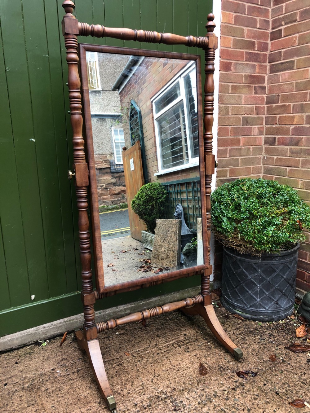 Early C19th Regency period mahogany framed robing mirror or ‘Psyche’ of large proportions. View VIII