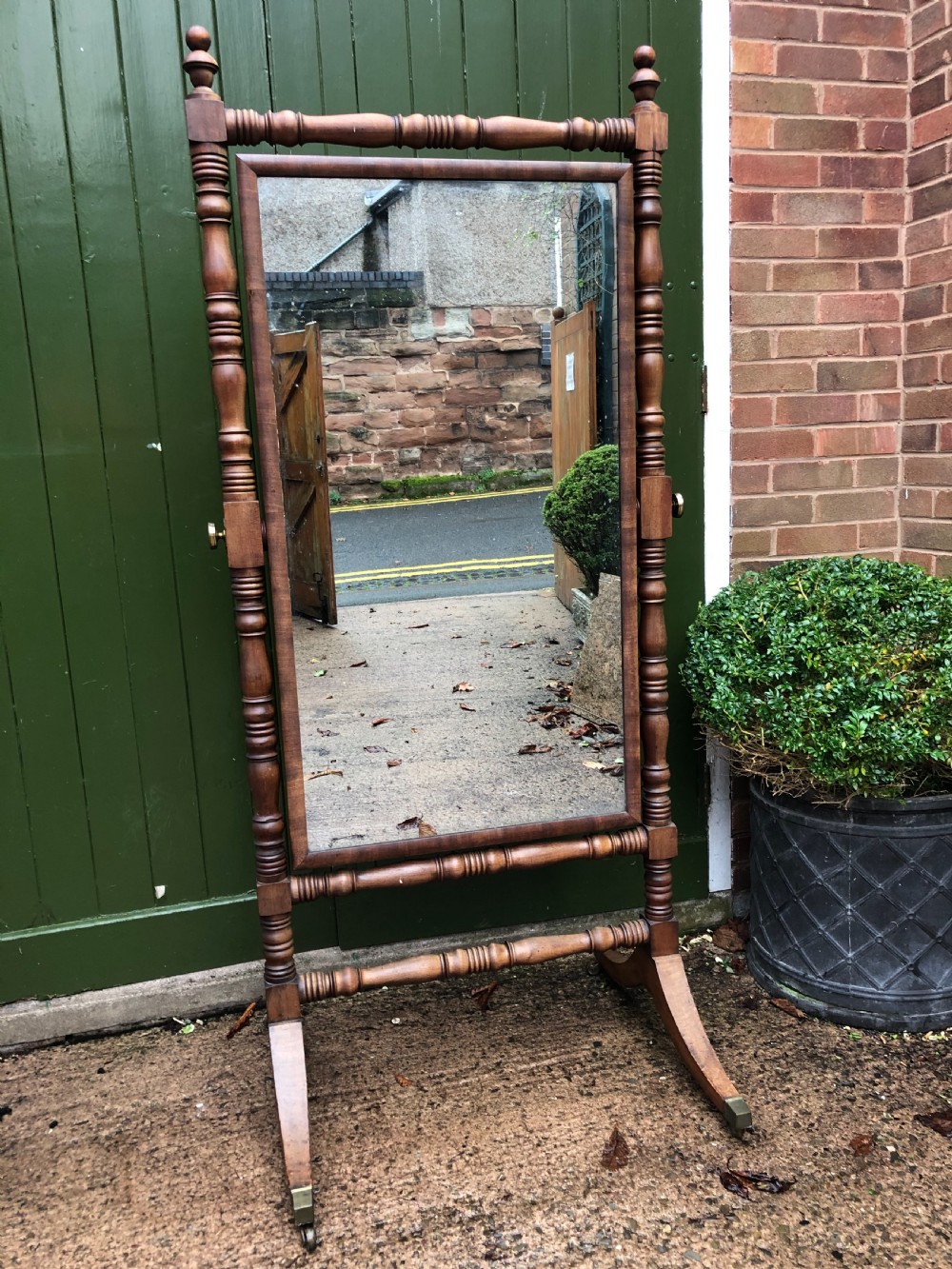Early C19th Regency period mahogany framed robing mirror or ‘Psyche’ of large proportions. View X