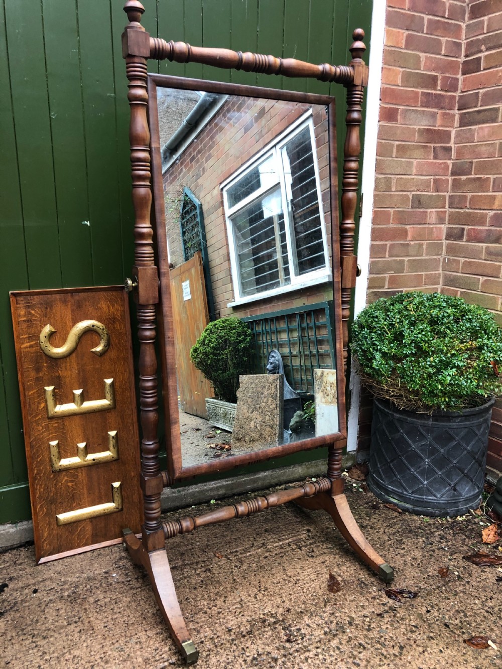 Early C19th Regency period mahogany framed robing mirror or ‘Psyche’ of large proportions. View XIII