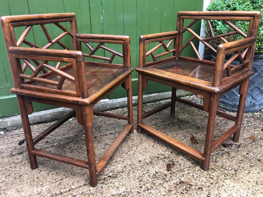 Pair of late C19th Chinese Qing Dynasty hardwood armchairs of unusual design. View II