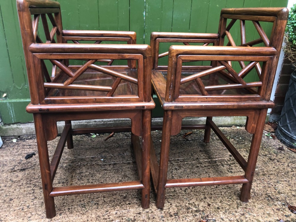 Pair of late C19th Chinese Qing Dynasty hardwood armchairs of unusual design. View III