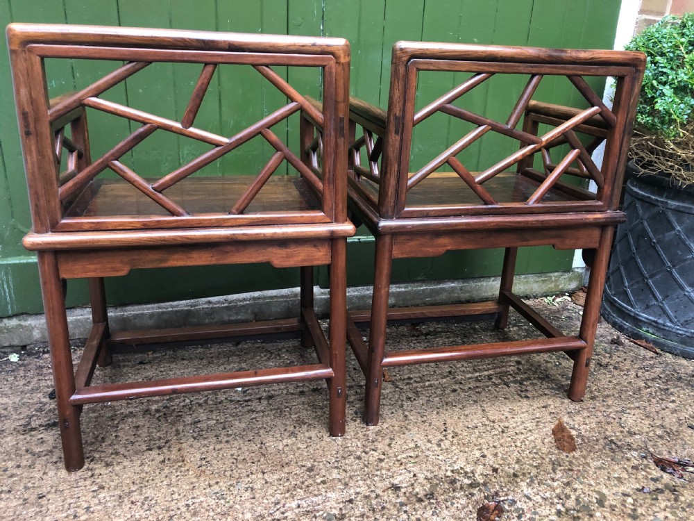 Pair of late C19th Chinese Qing Dynasty hardwood armchairs of unusual design. View IV