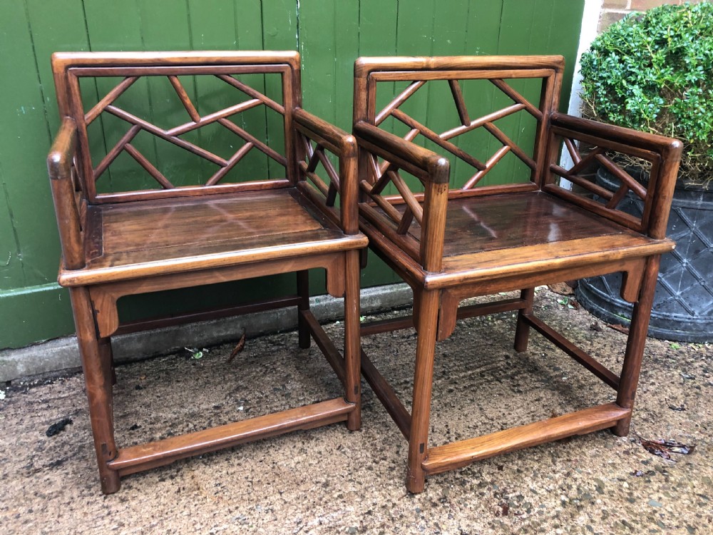 Pair of late C19th Chinese Qing Dynasty hardwood armchairs of unusual design. View V