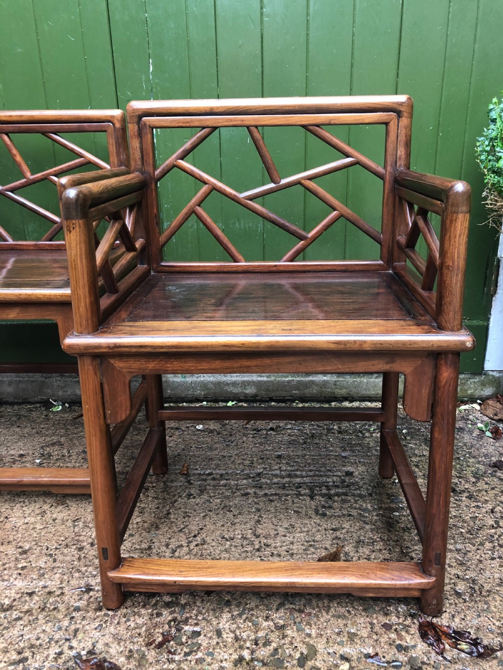 Pair of late C19th Chinese Qing Dynasty hardwood armchairs of unusual design. View VI