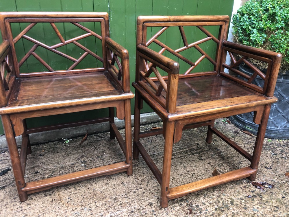 Pair of late C19th Chinese Qing Dynasty hardwood armchairs of unusual design. View VII