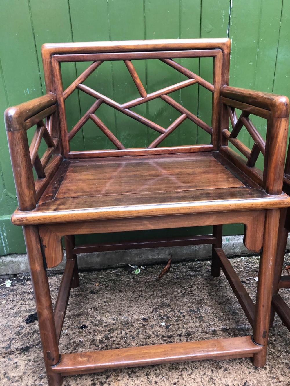 Pair of late C19th Chinese Qing Dynasty hardwood armchairs of unusual design. View VIII