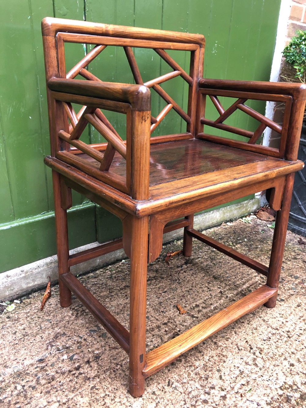 Pair of late C19th Chinese Qing Dynasty hardwood armchairs of unusual design. View IX