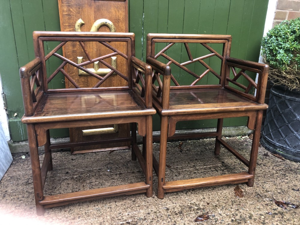 Pair of late C19th Chinese Qing Dynasty hardwood armchairs of unusual design. View XIV