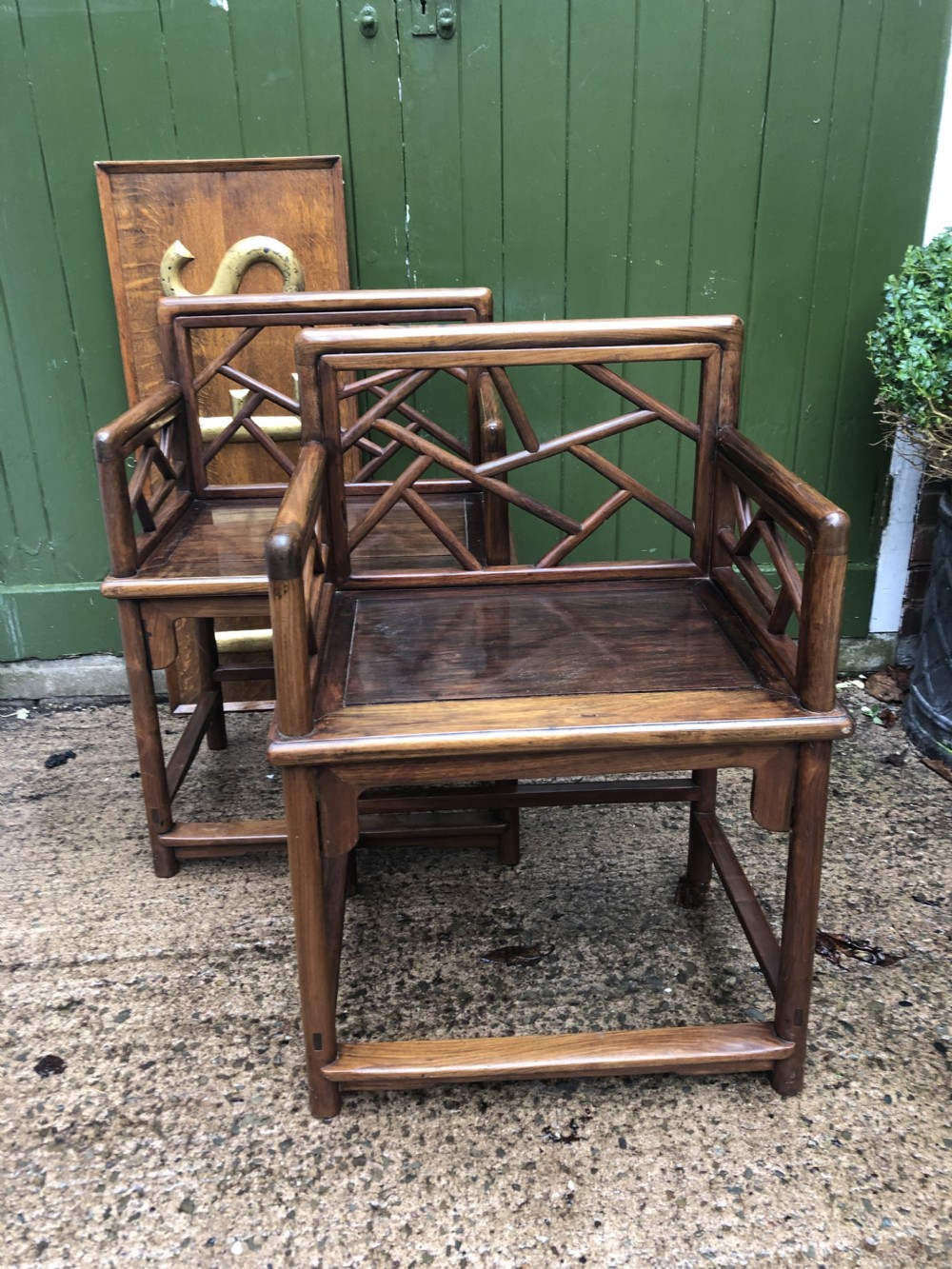 Pair of late C19th Chinese Qing Dynasty hardwood armchairs of unusual design. View XV