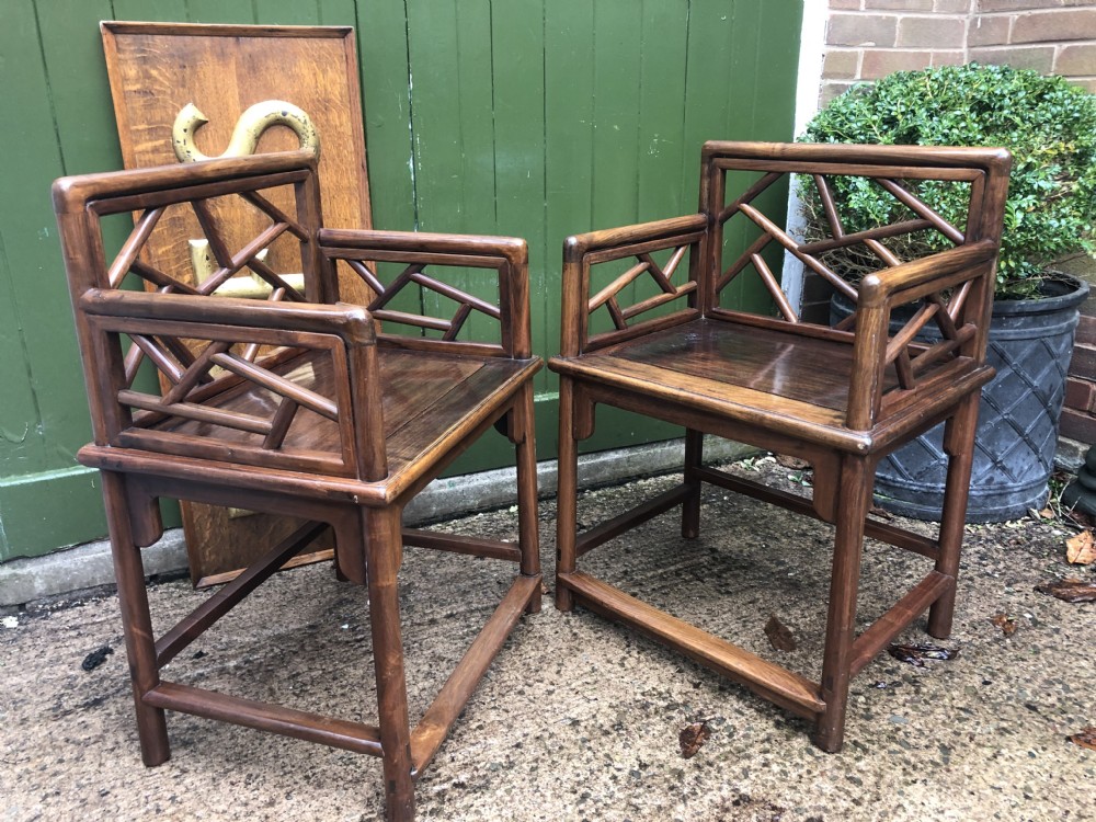 Pair of late C19th Chinese Qing Dynasty hardwood armchairs of unusual design. View XVI