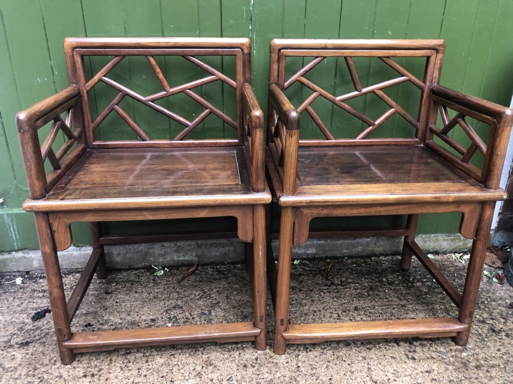 Pair of late C19th Chinese Qing Dynasty hardwood armchairs of unusual design. View XIX
