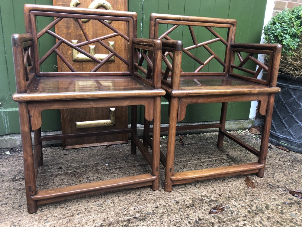 Pair of late C19th Chinese Qing Dynasty hardwood armchairs of unusual design. View XVIII