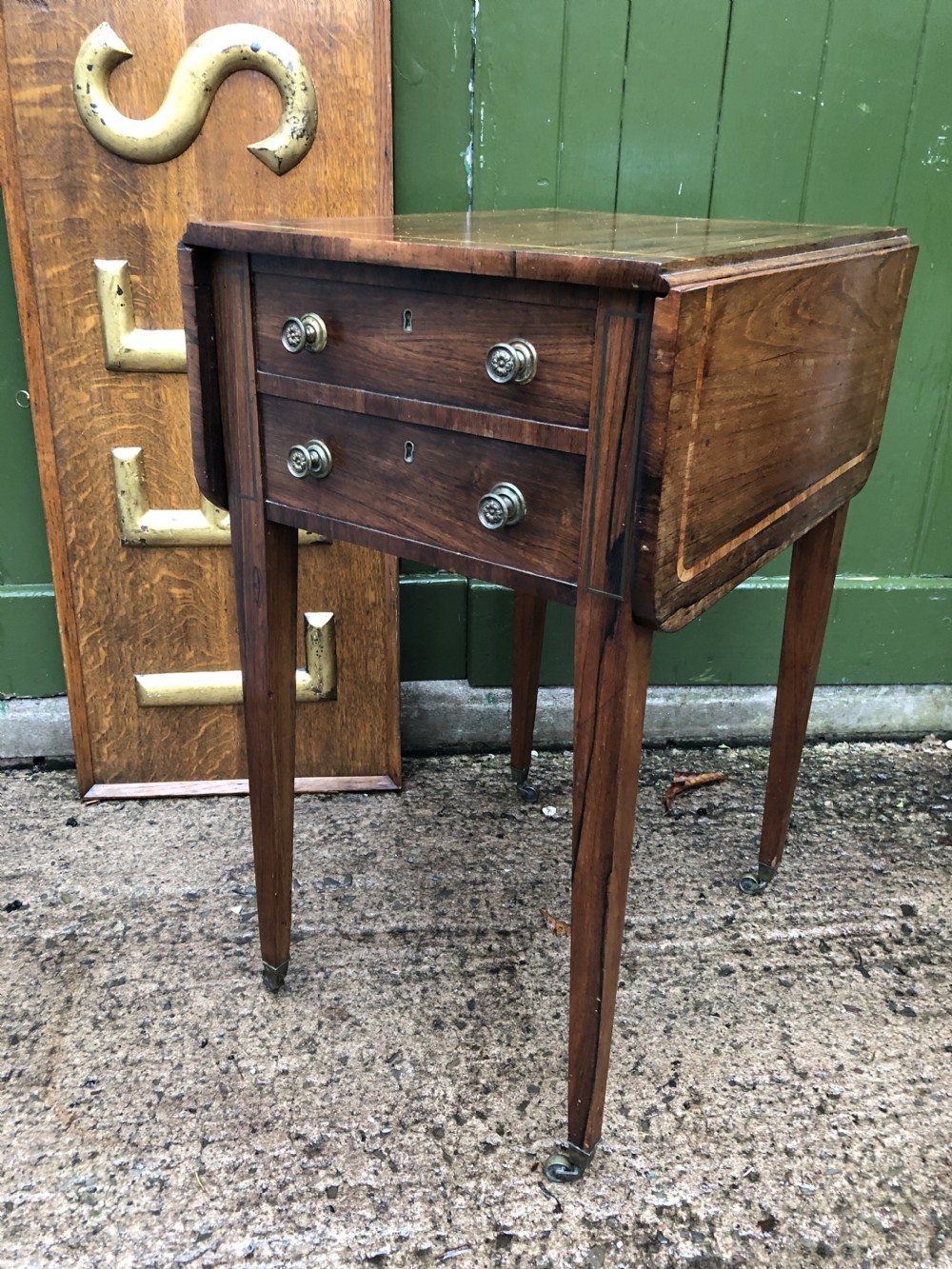 Early C19th late George III period rosewood drop-leaf sewing or work table . View XI