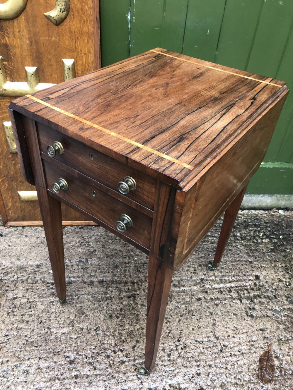Early C19th late George III period rosewood drop-leaf sewing or work table . View XII