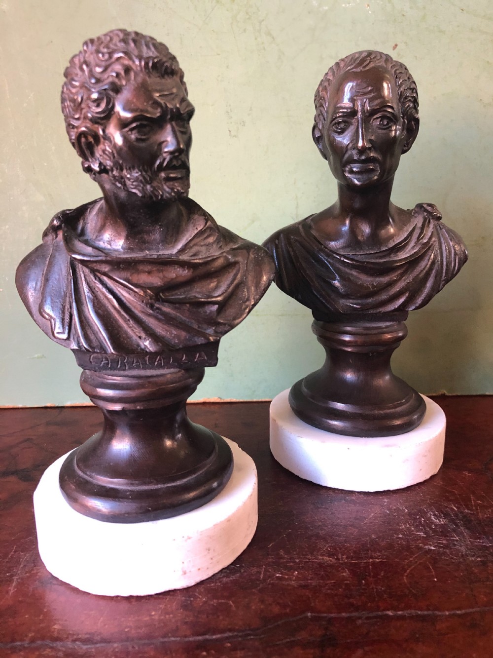 Pair of C19th Italian bronze ‘Grand Tour’ souvenir bust studies of the Roman Emperors Caracalla and Julius Caesar . View III