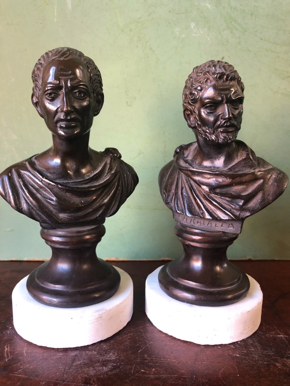 Pair of C19th Italian bronze ‘Grand Tour’ souvenir bust studies of the Roman Emperors Caracalla and Julius Caesar . View X